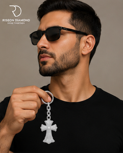 Premium iced out cross keychain pendant solid 18K white gold <b>set</b> lab grown diamonds bold gothic design secure key <b>ring</b> - Product Image 6