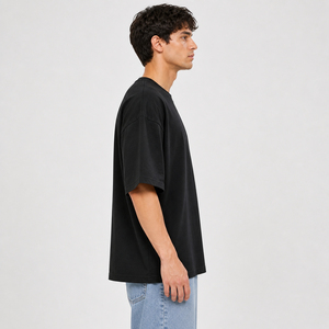 T-shirt en coton noir surdimensionné pour homme, manches courtes, col rond, style décontracté, couleur unie, tricoté, écologique, 240g - Product Image 1