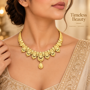 Royal Floral <b>Necklace</b> with Earrings <b>Set</b> | Traditional Indian Bridal Jewelry | 24K Gold Finish Copper Brass <b>Wedding</b> <b>Necklace</b> <b>Set</b> - Product Image 4