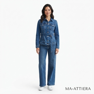 <b>Women</b> Summer <b>Blue</b> Washed Denim Belted Jacket and Wide Leg <b>Jeans</b> Set Casual Two Piece Matching Denim Outfit Streetwear Fashion - Product Image 1