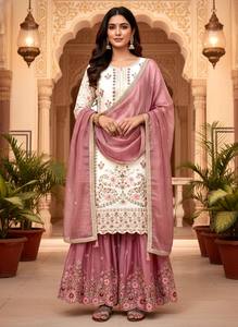 <b>White</b> Pink Floral Embroidered Salwar Kameez Set <b>Chiffon</b> Silk Palazzo Dupatta Wedding Party Women - Product Image 5
