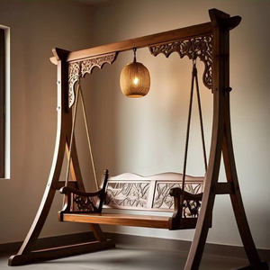Balançoire contemporaine en bois à lattes suspendue dans une arche en bois lisse, disponible à prix de gros. - Product Image 2
