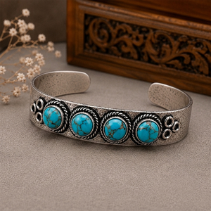 Town JT-044 Hydro Turquoise Oval Wide <b>Cuff</b> Bangle Gold/<b>Silver</b> Plated Brass Bezel Set Classic Western Style Unisex Gift Rajasthan - Product Image 4