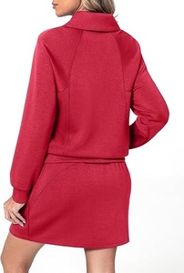 Women <b>Red</b> Knitted Long Sleeve Zip Neck Drawstring Waist Dress - Product Image 3
