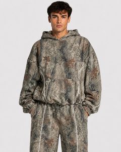 Ensemble de survêtement camouflage surdimensionné pour homme OEM Contrastline, en molleton de coton premium, avec sweat à capuche à passepoil contrastant et pantalon de jogging à jambes larges - Product Image 3