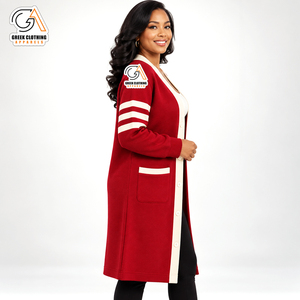 Women's Alpha Kapa Long <b>Cardigan</b> Plus Size <b>Red</b> for Casual Winter Sweater V-Neck Full Sleeve 100% Polyester Anti-Pilling - Product Image 3