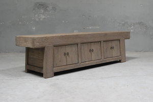 Meuble TV vintage en bois d'orme rustique à trois portes, console multimédia antique, meuble de rangement avec cadre robuste pour salon - Product Image 2
