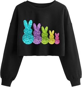 Sweat-shirt court à motif lapin amusant pour femme, pull à manches longues pour le printemps et Pâques, haut de fête - Product Image 2