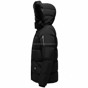 Blouson matelassé pour homme noir enduit, respirant, imperméable, rembourré en polyester, avec capuche, col montant, fermeture frontale unie, coupe-vent, hiver, décontracté - Product Image 3