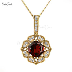 Pendentif Art Déco authentique en grenat du Mozambique 6 mm taille coussin avec halo de diamants, en or fin 14 carats, fournisseur en gros de qualité supérieure - Product Image 1