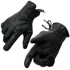 Gants de moto classiques en cuir noir de haute qualité, style motard, à doigts entiers, avec lacets ajustables, faible MOQ, fournisseur en gros - Product Image 1