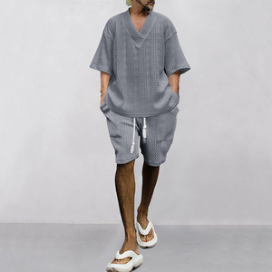 Men's Plus Size Gray <b>Knitted</b> Cotton Short Sleeve Shirt Shorts <b>Set</b> Solid Color Casual Summer Wear Breathable Quick Dry - Product Image 1