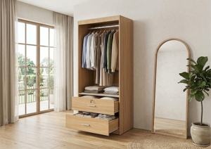 ตู้เสื้อผ้าแบบพับได้สองบาน รุ่นเอสเซนส์ คอนเทมโพรารี่  วัสดุแผ่นชิปบอร์ด  2 ลิ้นชัก รุ่น W207 สีโอ๊ค ผลิตในมาเลเซีย ขายส่ง - Product Image 2