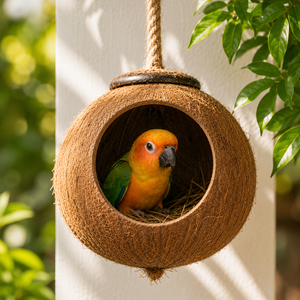 Nouveau design – Nid d'oiseau en noix de coco 100 % naturel / Maison pour oiseaux en coquille avec échelle suspendue – Écologique, motif animalier, taille personnalisable - Product Image 1