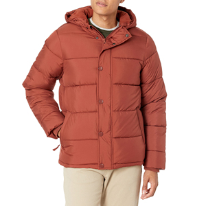 Men's <b>Red</b> <b>Hooded</b> Casual Winter Wear Windproof Polyester Shell Button Closure Regular Fit Solid Color Puffer <b>Jacket</b> For Sale - Product Image 2