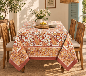 Ridhi Handmade Block Printed Saffron <b>Red</b> Orange Mediterranean Modern Floral 100% Cotton Customized Size Washable Eco-Friendly - Product Image 3