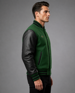 Premium Quality Men Green Varsity <b>Jacket</b> With PU <b>Leather</b> Sleeves Embroidered Logo Front Button Closure Casual Varsity <b>Jacket</b> - Product Image 3