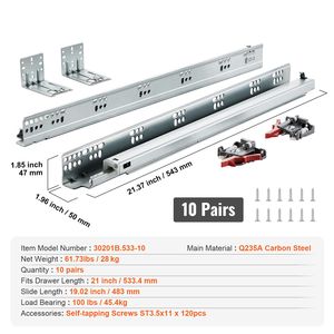 10 Paia di Guide per Cassetti Resistenti da 21 Pollici, Binari in Acciaio da 45mm con Montaggio Laterale, Estensione a Sfera Completa, Chiusura Morbida e Silenziosa - Product Image 5