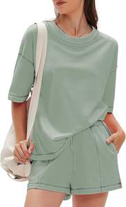 Conjunto de Verano para Mujer, Dos Piezas, Estilo Dulce y Elegante, Camiseta de Manga Corta y Pantalones Cortos, Ecológico, Transpirable, Informal - Product Image 2