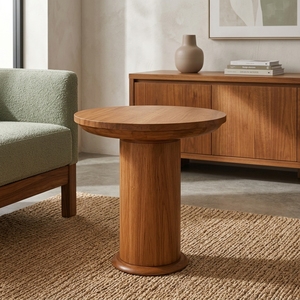 Table basse ronde en teck avec plateau en bois et pieds sur piédestal, finition naturelle, pour salon, appartement, hôtel, modèle TAB47 - Product Image 3