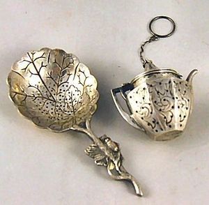 Vintage Silver <b>Tea</b> Infuser <b>Set</b> with Leaf and Teapot Design Polished Finish Chain Attached - Product Image 1