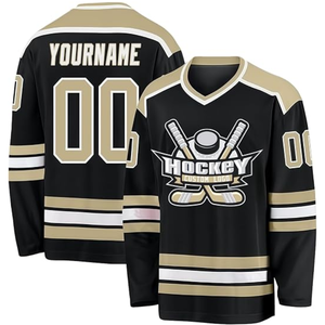 Jersey de Hockey sobre Hielo Personalizado con Impresión por Transferencia de Calor, Negro, Dorado y Blanco, Cuello en V, Manga Larga, Poliéster, Absorbe la Humedad - Product Image 1