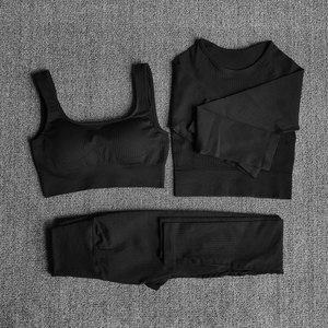 Light <b>Blue</b> 3 Piece Yoga Set Racerback Sports <b>Bra</b> Crew Neck Crop Top High Waist Shorts Ribbed Seamless Activewear - Product Image 3