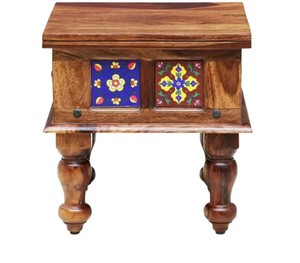 Solid Wood Bedside <b>Table</b> with Ceramic Tile Inlay | Traditional Rajasthani <b>Side</b> <b>Table</b> | Antique Style Accent <b>Table</b> - Product Image 2
