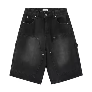 Shorts en jean vintage pour hommes, coupe droite, style streetwear d'été, personnalisés, baggy, effet usé, en denim de coton délavé foncé - Product Image 4
