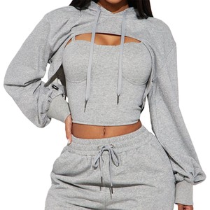 Women Cut Out Fashion Cropped Top Track <b>Jacket</b> Set Heavyweight Oversized Solid Color Knitted Fabric Women's Hoodies Cargo OEM - Product Image 3