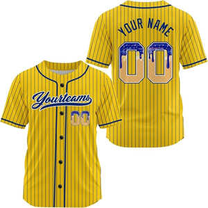 Camiseta de béisbol amarilla personalizada para hombre, uniforme de equipo con rayas azules y botones, manga corta, con nombre y número - Product Image 1
