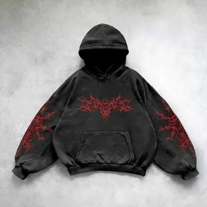 Sweat à capuche noir gothique avec motif venin rouge, coupe oversize en coton French Terry, pull à capuche pour homme, streetwear d'automne - Product Image 5
