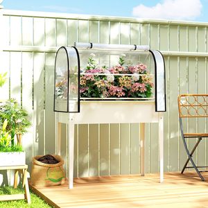 Fioriera Rialzata in Metallo Bianco con Copertura a Serra Ribaltabile, Gambe e Foro di Drenaggio - Prodotto per Giardino e Interni - Product Image 2