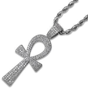Micro Paved Zircon Ankh Pendant <b>Necklace</b> <b>Silver</b> Tone Brass Rope Chain Hip Hop Jewelry for <b>Men</b> - Product Image 1
