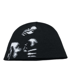 Gorro de invierno con diseño de calavera desplegado Unisex OEM, gorro personalizado sin pliegues, diseño completo de Jacquard, cuero negro colorido con puños, nueva impresión personalizada - Product Image 5