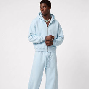 Ensemble de survêtement unisexe bleu marine à capuche, épais, 2 en 1, 100% coton, coupe classique, couleur unie, vêtements décontractés avec poches latérales et fermeture éclair - Product Image 1