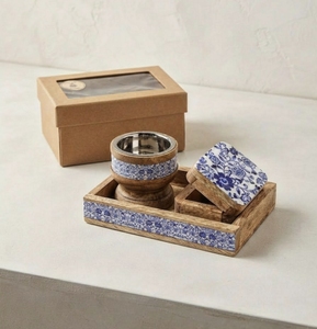 Handmade Wooden Bakhoor <b>Incense</b> <b>Burner</b> <b>Holder</b> Blue White Floral Pattern Decorative Set - Product Image 1