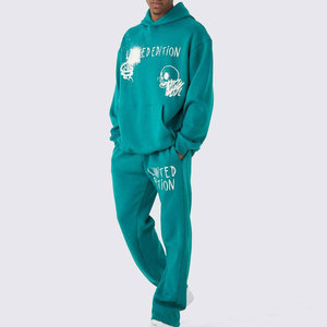 Ensemble de survêtement unisexe bleu sarcelle à capuche coupe-vent léger, imprimé crâne, streetwear, sweat-shirt en coton et pantalon de jogging élastique - Product Image 1