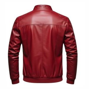 Blouson moto homme en cuir PU rouge, col montant, fermeture éclair, coupe ajustée, manches classiques, couleur unie, style motard, pour l'automne, tendance - Product Image 5