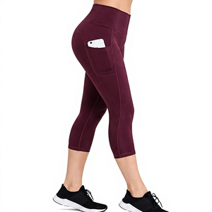 Leggings de Yoga de Cintura Alta, Largos, Compresivos, Ligeros, Color Borgoña Sólido, Spandex, Nailon, Sin Costuras, con Bolsillos, Elásticos en Cuatro Direcciones - Product Image 3