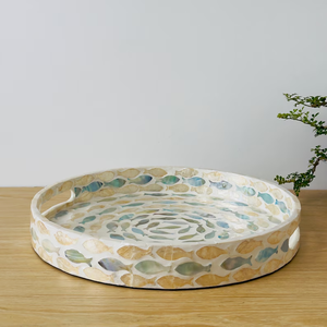 Round Mother of Pearl Shell Serving Tray <b>Fish</b> Pattern, Lacquer Wooden Shell Decorative Tray, Inlay - Product Image 3