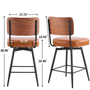 Tabourets de bar modernes marron avec dossier amovible, panneau arrière en bois courbé et pieds en métal (2 pièces) - Product Image 3