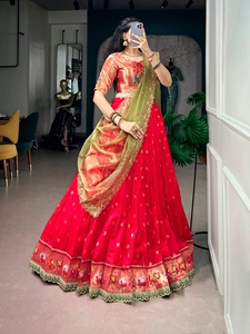 <b>Red</b> Embroidered <b>Lehenga</b> Choli Set With Green Dupatta Traditional Indian Pakistani Wedding Wear Floor Length Women's Attire - Product Image 3