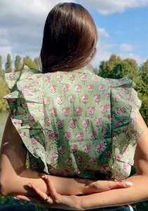 Block Print Cotton Shirt Women Boho Ruffle Sleeve Floral Top <b>Red</b> Green Summer <b>Blouse</b> Wholesale - Product Image 2