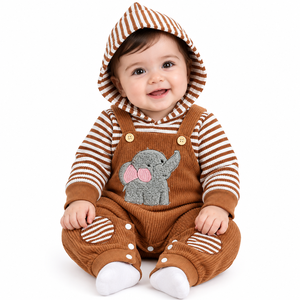 <b>Baby</b> Unisex Corduroy Romper Set Brown Striped Hooded Jumpsuit Cute Embroidery Applique Long Sleeve Infant Winter <b>Clothing</b> - Product Image 1