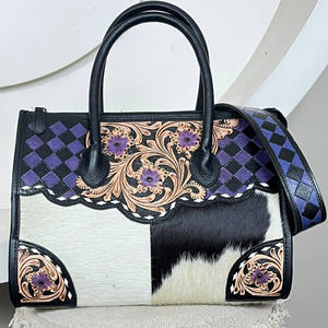 Western Purple & Black Checkered Hand <b>Tooled</b> Leather Crossbody <b>Tote</b> <b>Bag</b> for Women's Hair-On Cowhide Designer Luxury Handbags - Product Image 5
