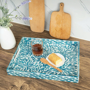 Set of 2 rectangular mother-of-pearl inlaid trays with <b>blue</b> floral patterns, serving trays with handles. - Product Image 6