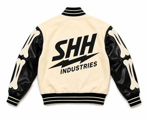 Unisex Cream Black Varsity Jacket Faux Leather Sleeves Bone Applique Snap <b>Button</b> Streetwear Bomber Custom Logo College Style - Product Image 2