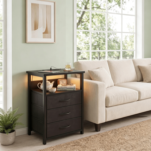 Table de chevet moderne avec éclairage LED, 3 tiroirs en tissu, prises de courant AC, ports USB et étagère ouverte - Product Image 6