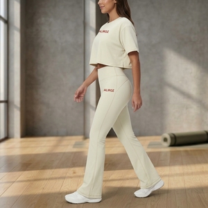 Ensemble de yoga 2 pièces uni pour femme, haut ample et pantalon taille haute, séchage rapide, respirant, en Spandex/Nylon, pour la course, le sport et la gym - Product Image 3